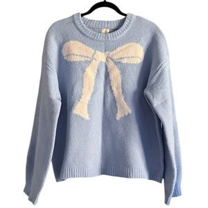 a new day Light Blue Sweater with Bow Design